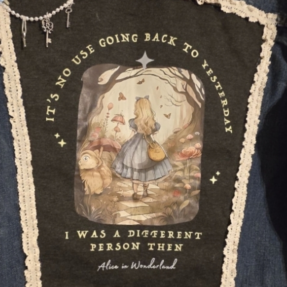 Upcycled Hand Crafted Alice In Wonderland Denim Jacket Size Large - Picture 8 of 13